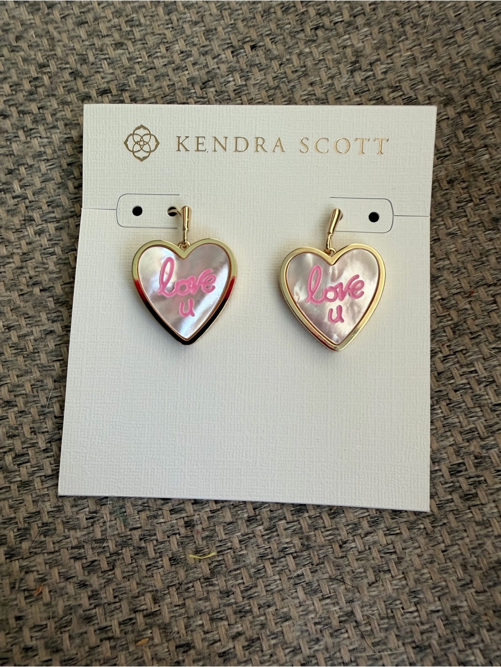 Kendra Scott Gold Heart Drop Earrings with Pink 'Love U' Script